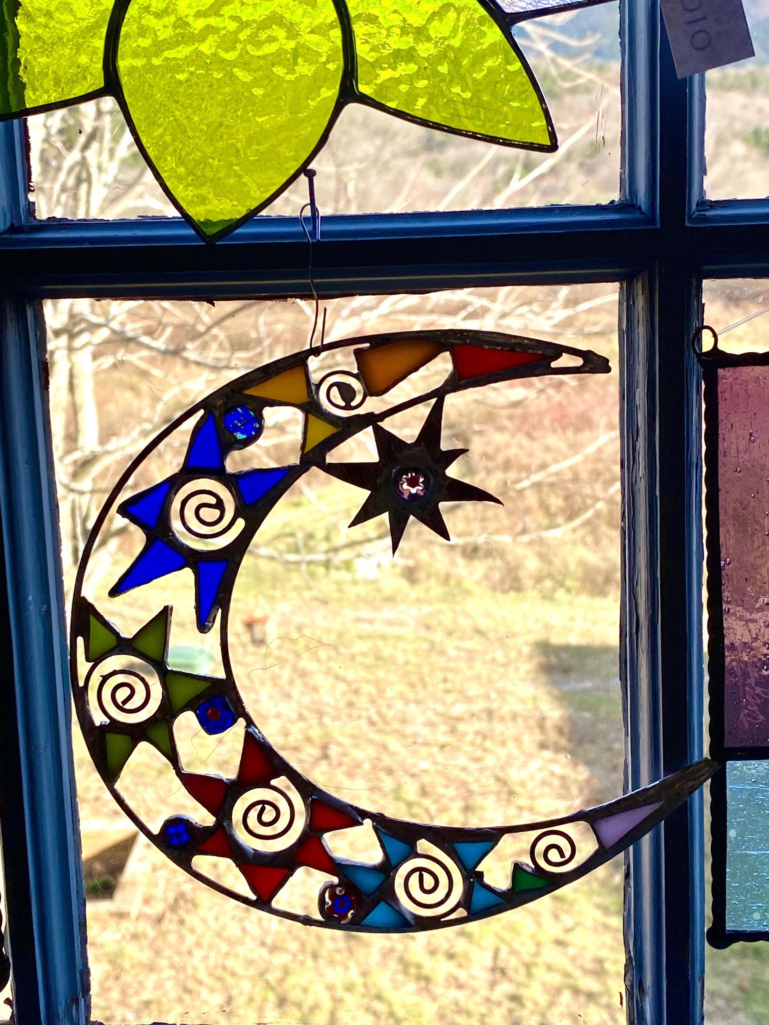 Stained Glass Crescent Moon Sun Catcher Medium One Of A Kind
